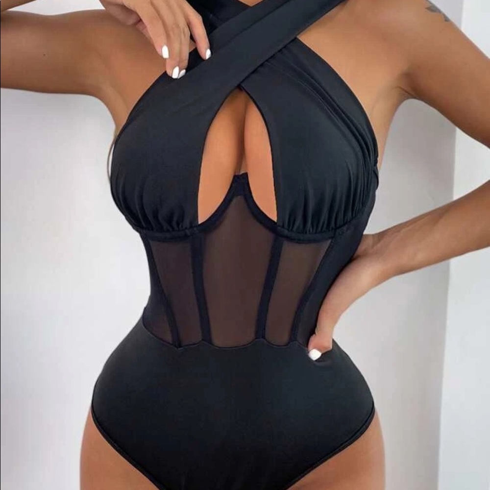 Cross Wrap Mesh Panel Bodysuit